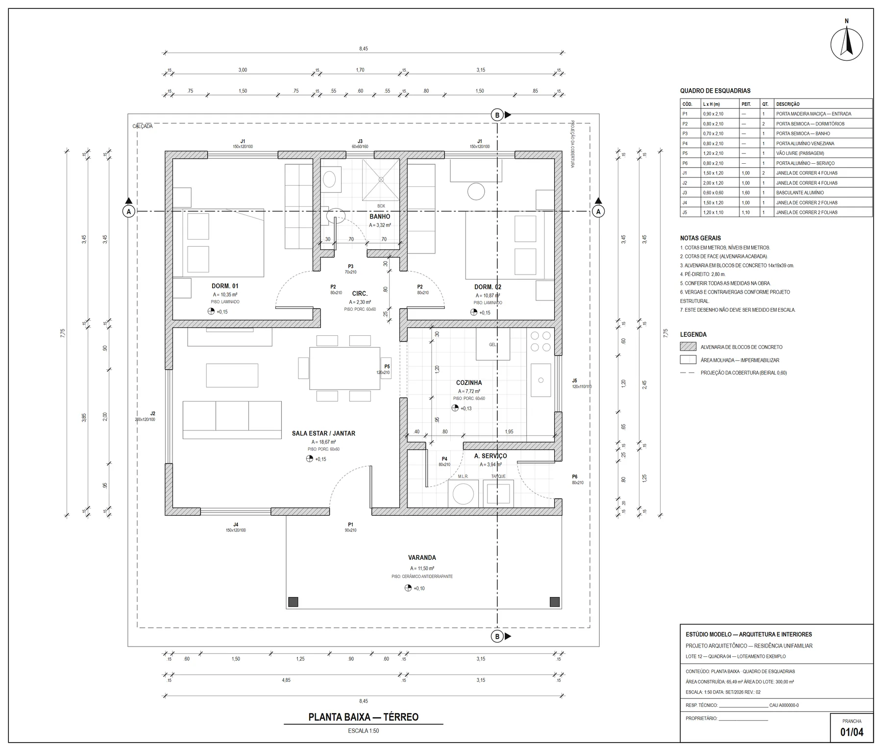 Prancha de arquitetura de uma residência térrea: planta baixa com mobiliário, hachuras, cotas de face, quadro de esquadrias e carimbo